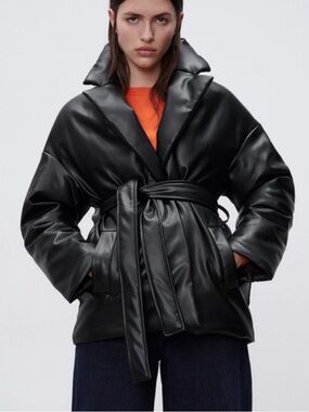 Zara Black Faux Leather Belted Puffer Jacket Coat